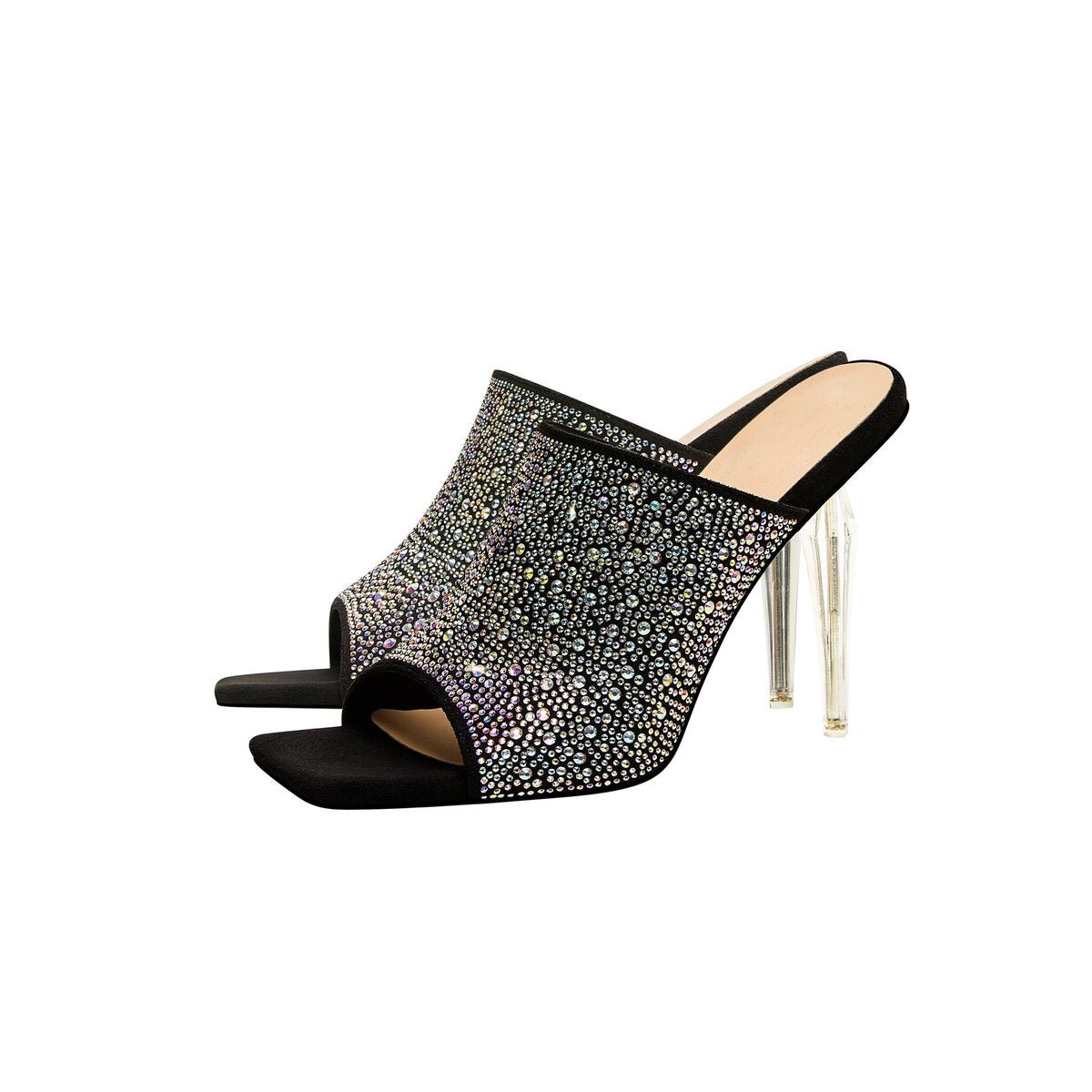 Crystal Encrusted Open Toe Mules with Sculptural Clear Stiletto Heel
