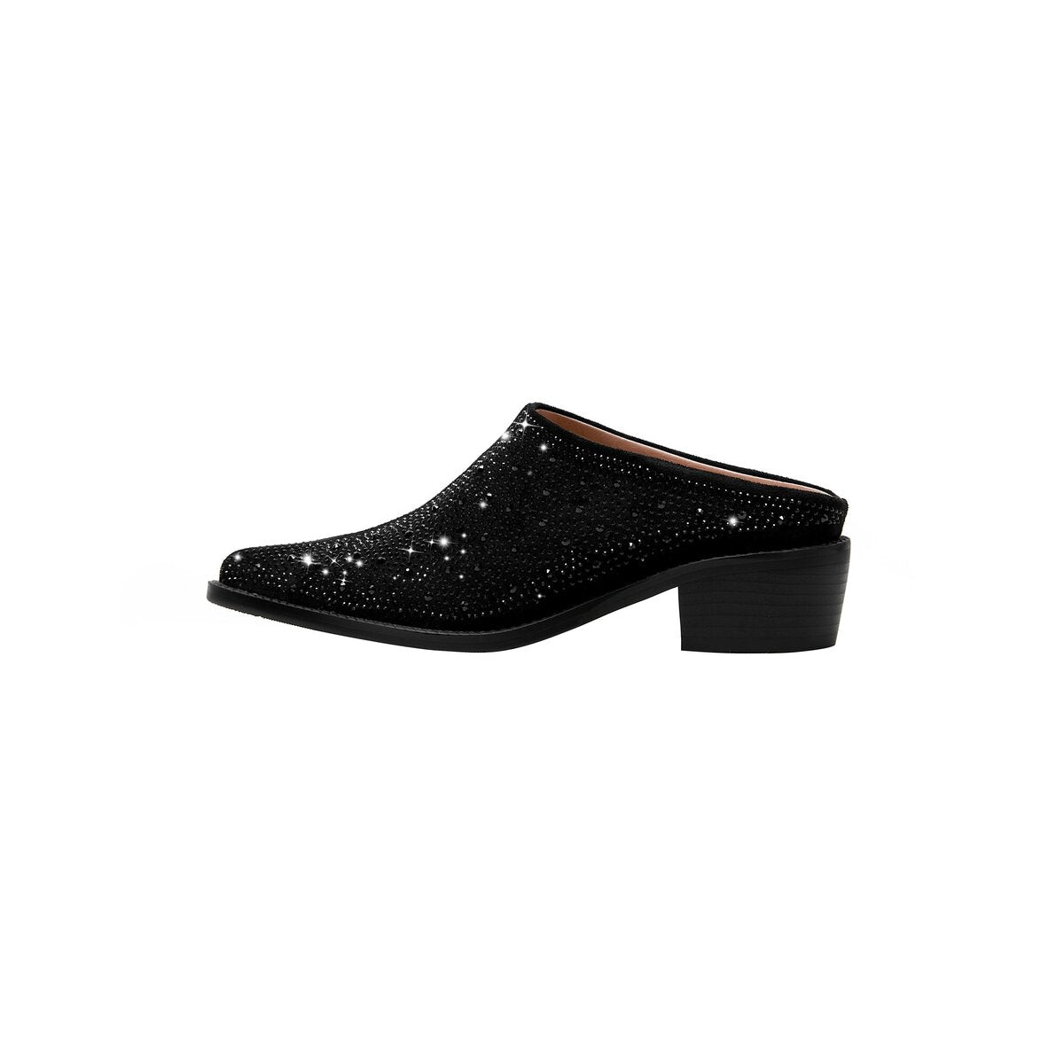 Crystal Studded Pointed Toe Suede Block Heel Mules