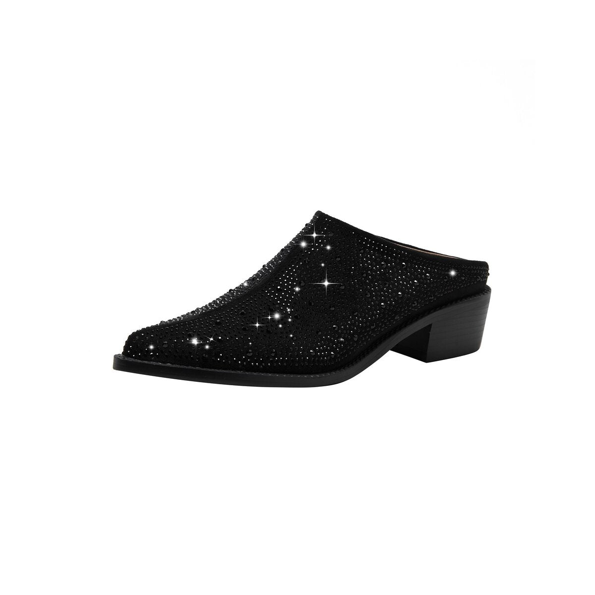 Crystal Studded Pointed Toe Suede Block Heel Mules