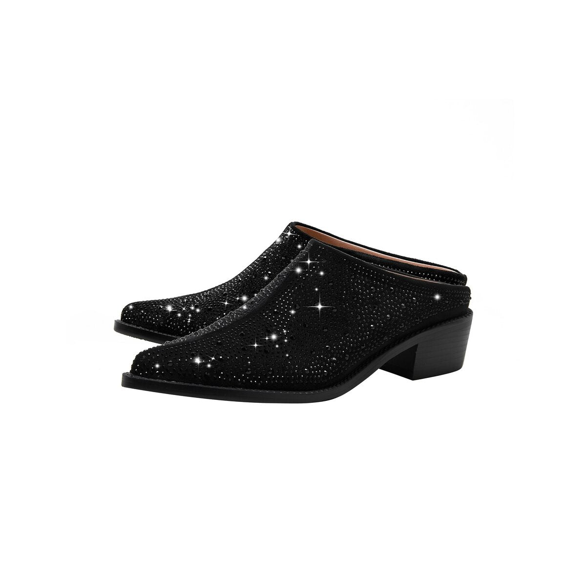 Crystal Studded Pointed Toe Suede Block Heel Mules