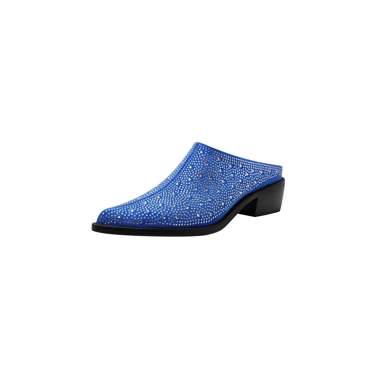 Crystal Studded Pointed Toe Suede Block Heel Mules