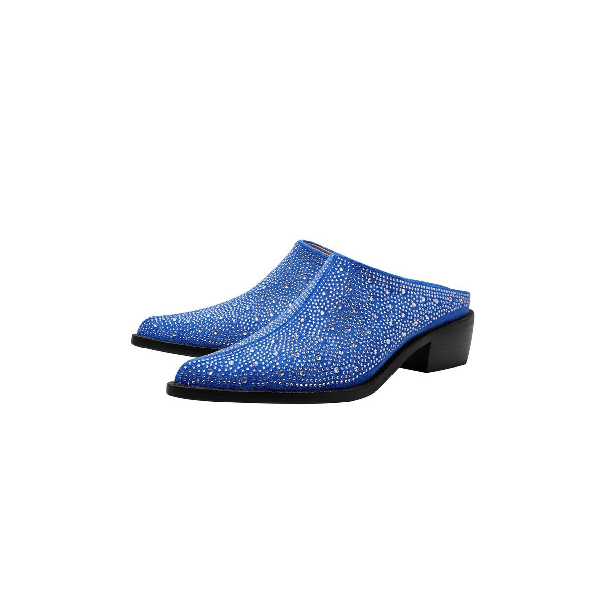 Crystal Studded Pointed Toe Suede Block Heel Mules