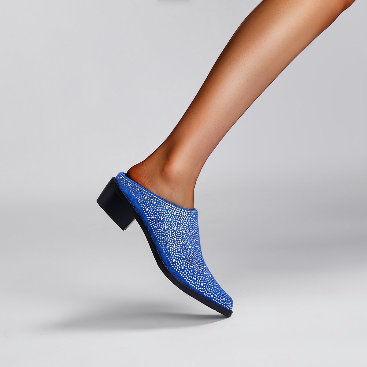 Crystal Studded Pointed Toe Suede Block Heel Mules