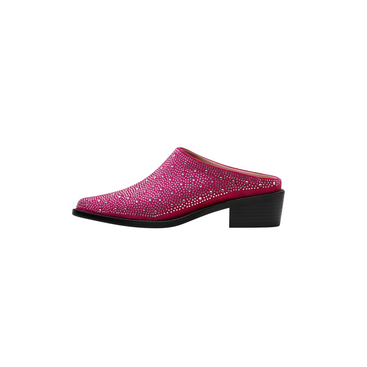 Crystal Studded Pointed Toe Suede Block Heel Mules