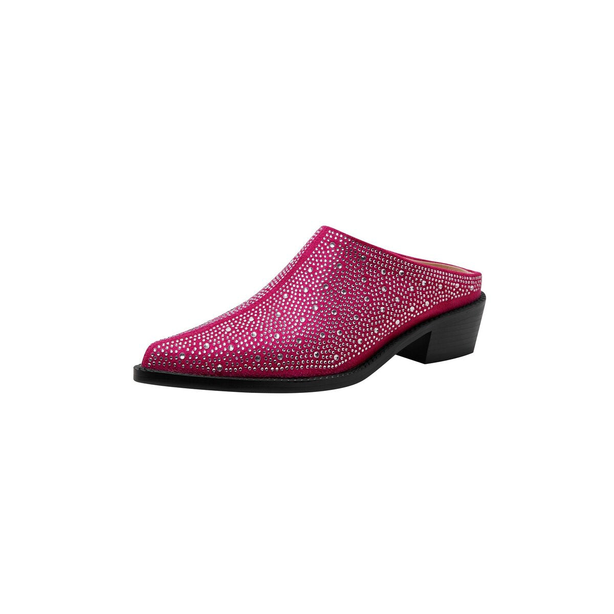 Crystal Studded Pointed Toe Suede Block Heel Mules