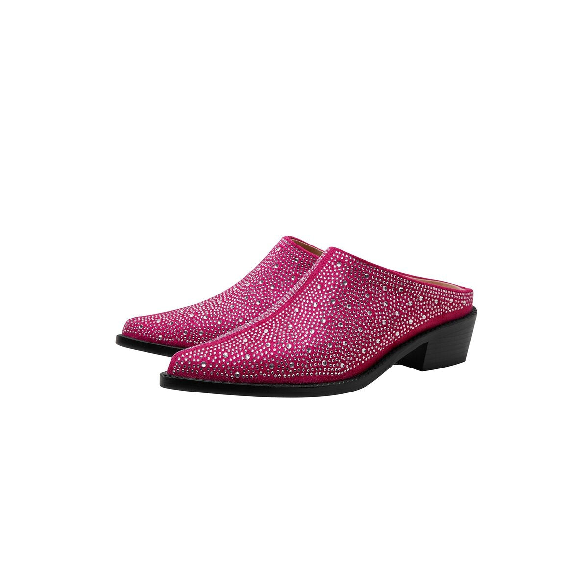 Crystal Studded Pointed Toe Suede Block Heel Mules
