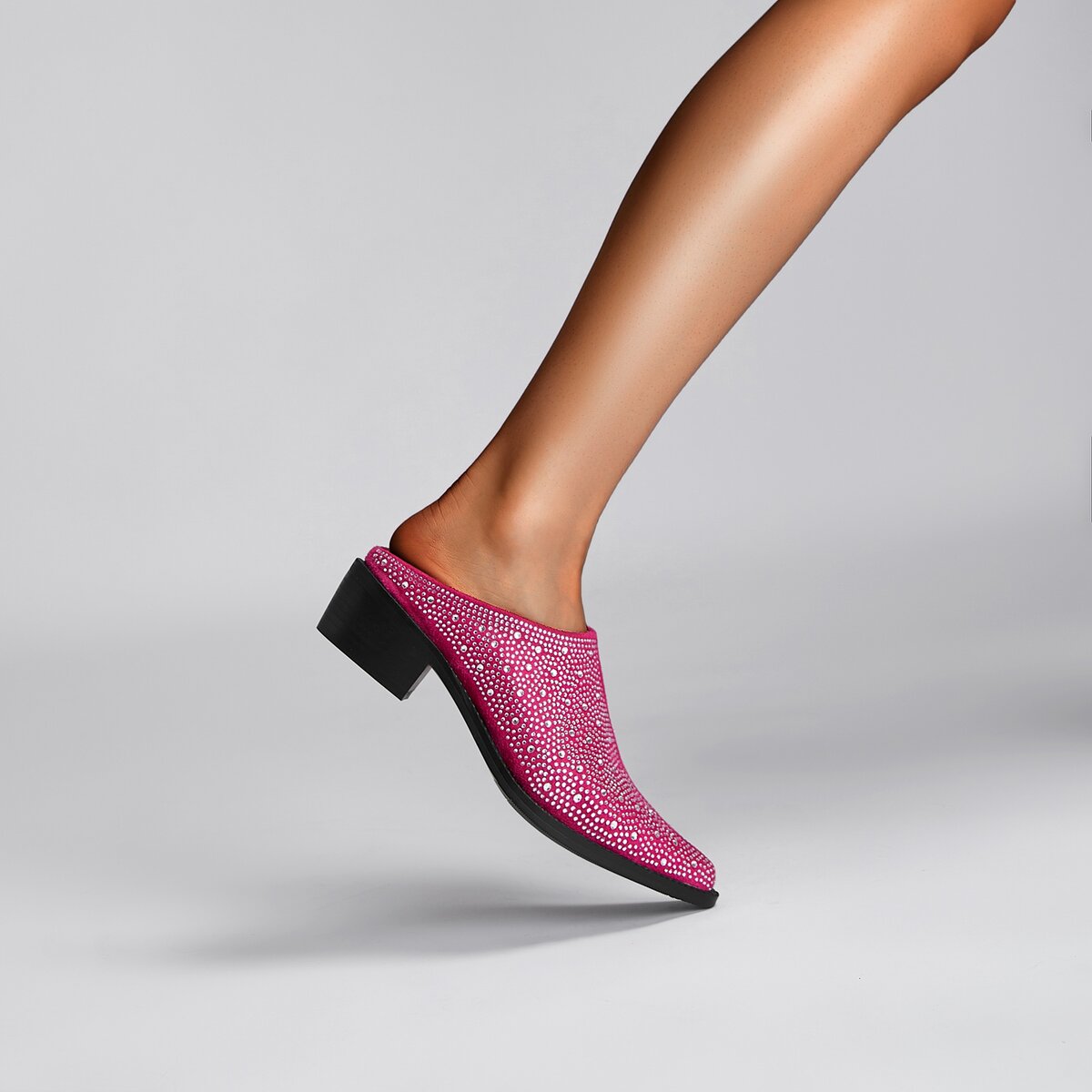 Crystal Studded Pointed Toe Suede Block Heel Mules