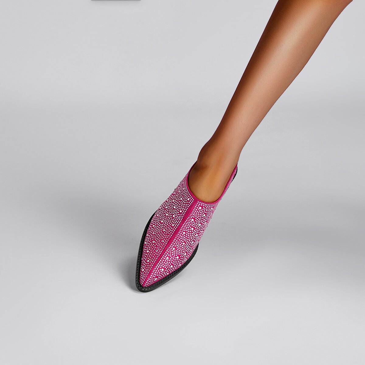 Crystal Studded Pointed Toe Suede Block Heel Mules