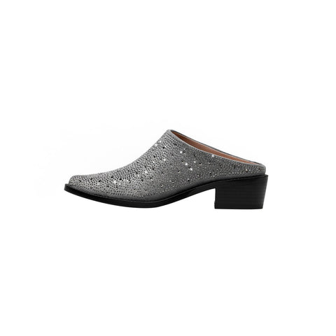 Crystal Studded Pointed Toe Suede Block Heel Mules