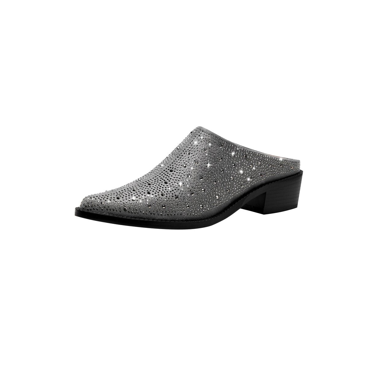 Crystal Studded Pointed Toe Suede Block Heel Mules