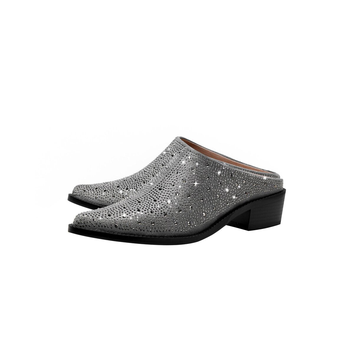 Crystal Studded Pointed Toe Suede Block Heel Mules
