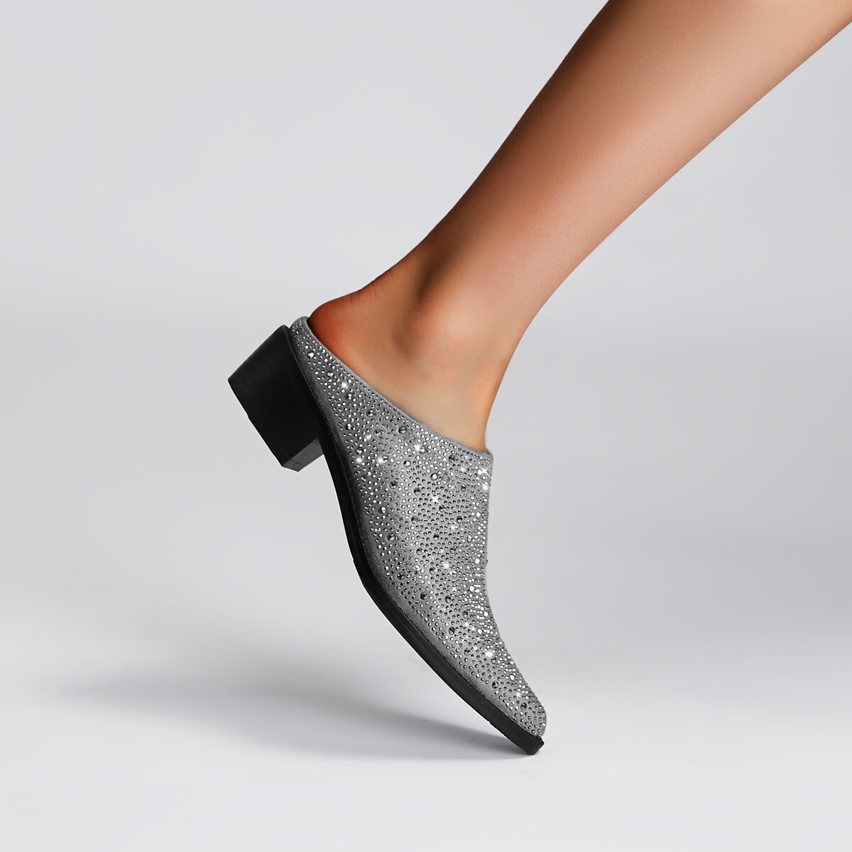 Crystal Studded Pointed Toe Suede Block Heel Mules