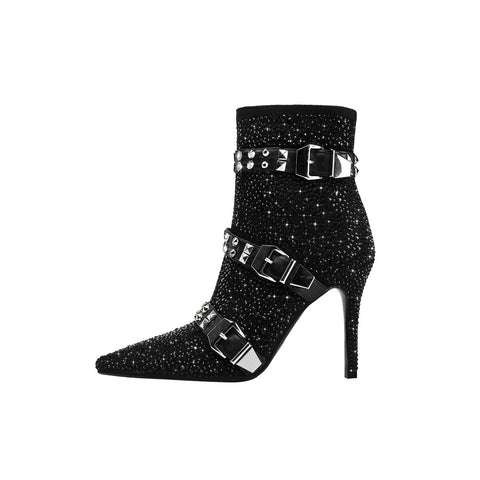 Crystal Studded Triple Buckle Stiletto Ankle Boots