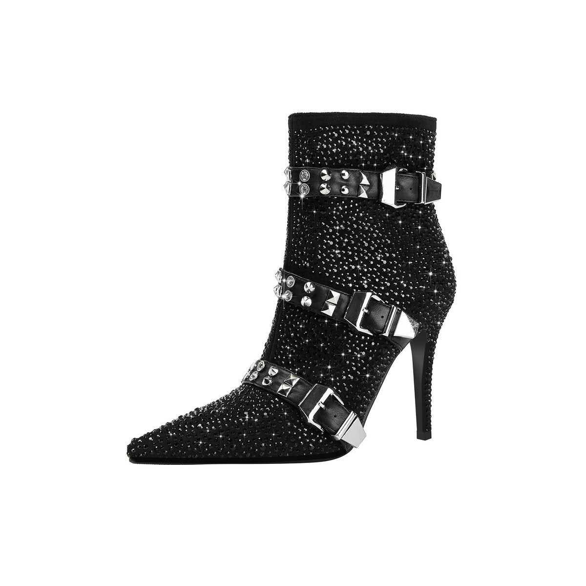 Crystal Studded Triple Buckle Stiletto Ankle Boots