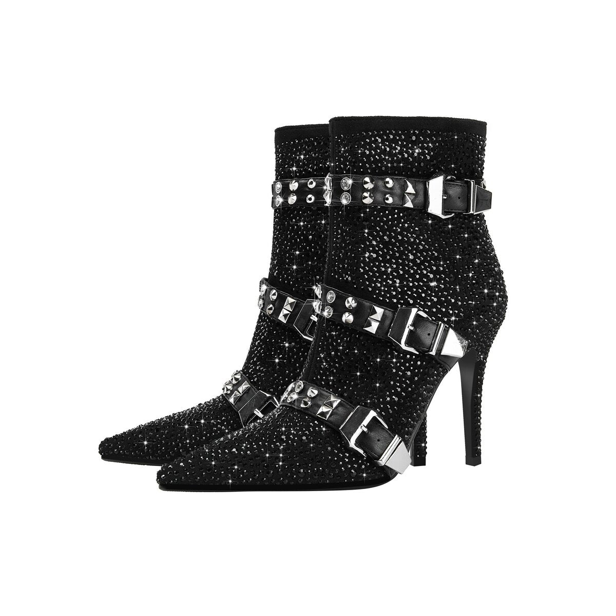 Crystal Studded Triple Buckle Stiletto Ankle Boots