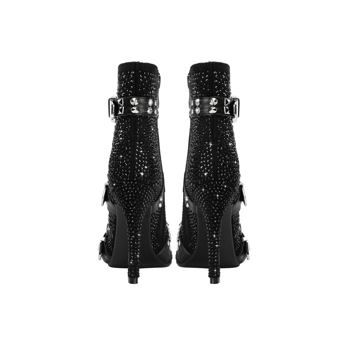 Crystal Studded Triple Buckle Stiletto Ankle Boots