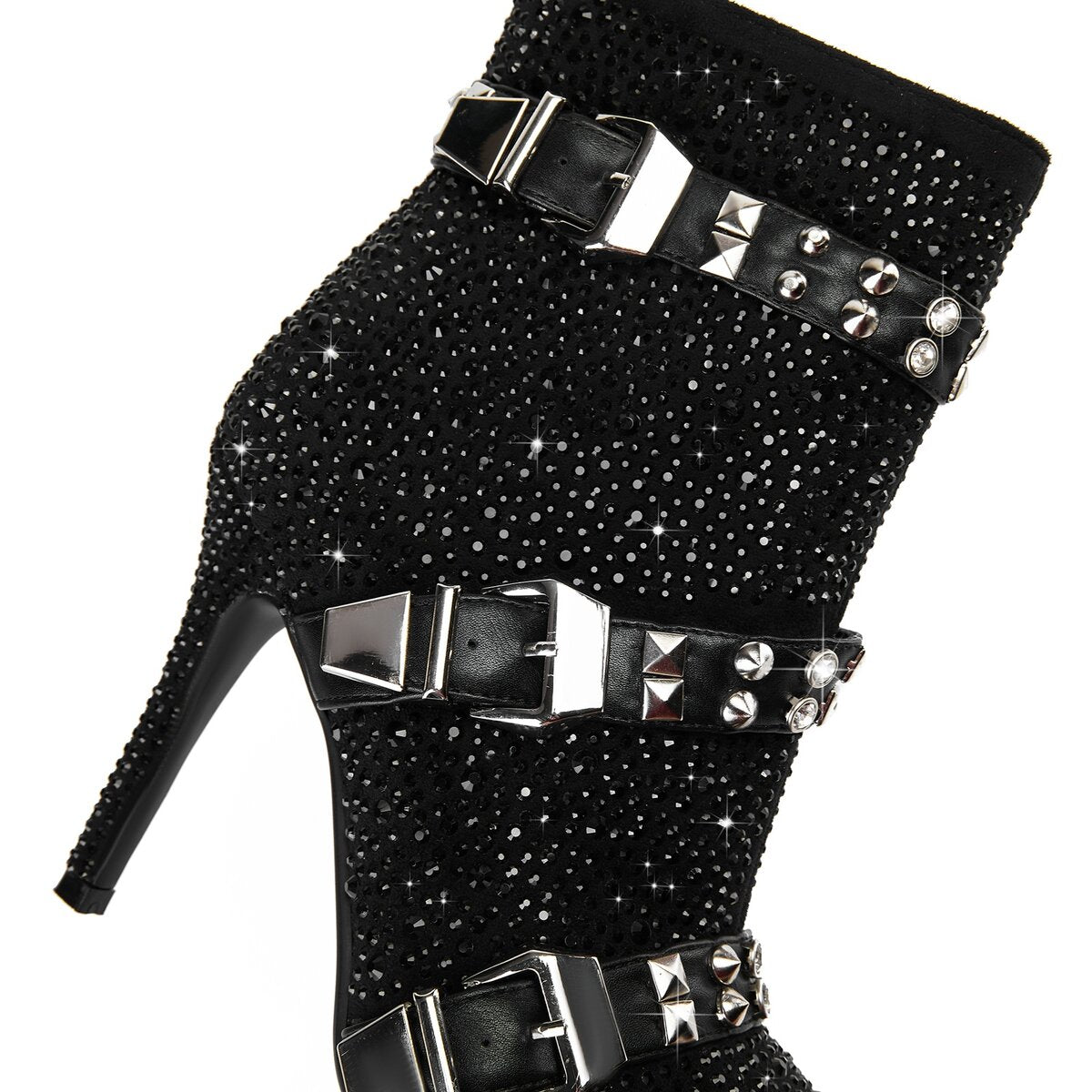 Crystal Studded Triple Buckle Stiletto Ankle Boots