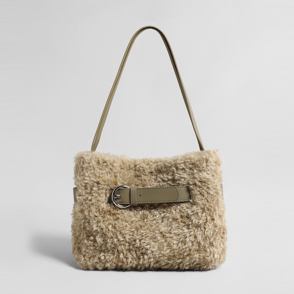 Curly Faux Shearling Tote Bag – Leather Buckle Shoulder Bag