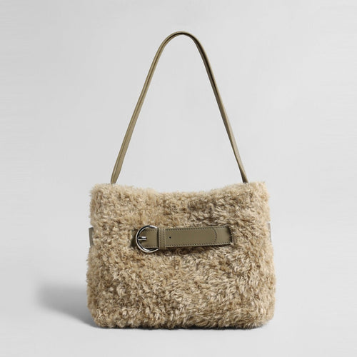 Curly Faux Shearling Tote Bag – Leather Buckle Shoulder Bag