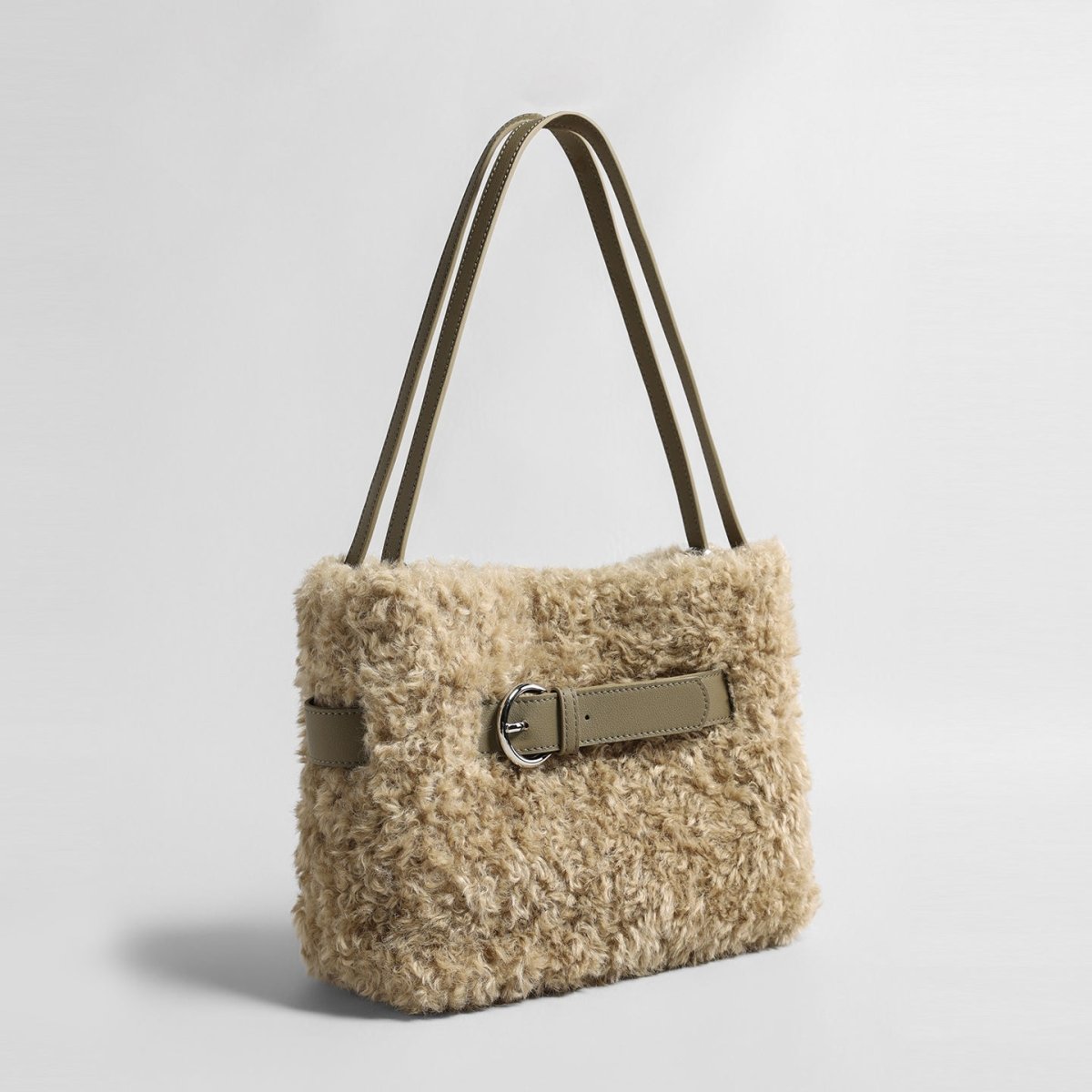Curly Faux Shearling Tote Bag – Leather Buckle Shoulder Bag