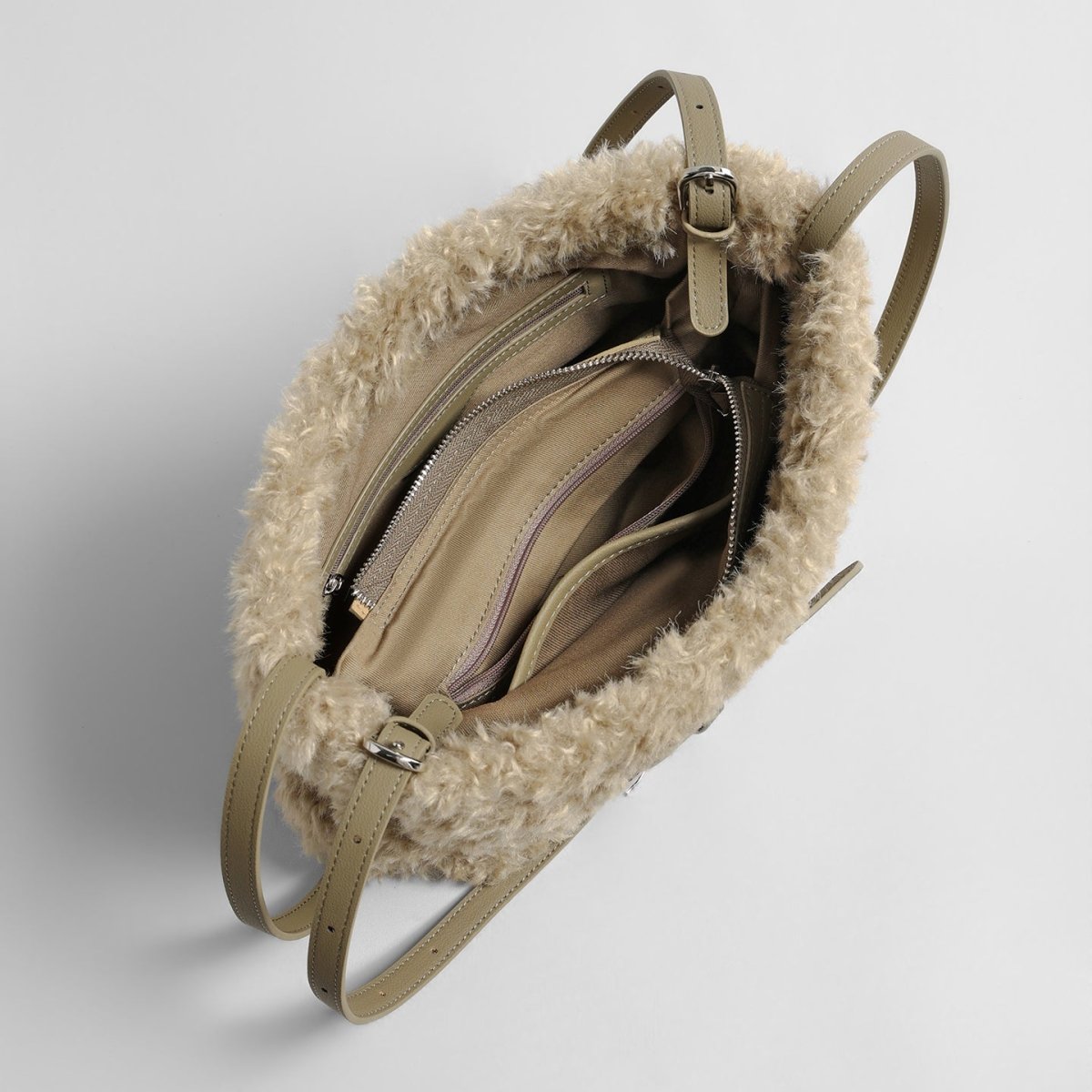 Curly Faux Shearling Tote Bag – Leather Buckle Shoulder Bag