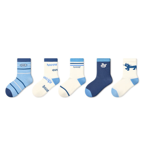 Cute Blue Children's Crew Socks – All-Season 5-Pair Cartoon & Stripe Set
