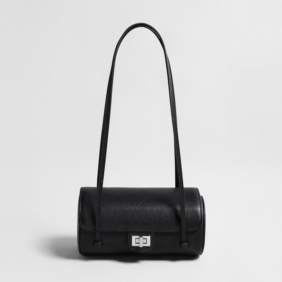 Pebbled Leather Cylinder Barrel Bag – Pillow Shoulder Purse with Turn-Lock