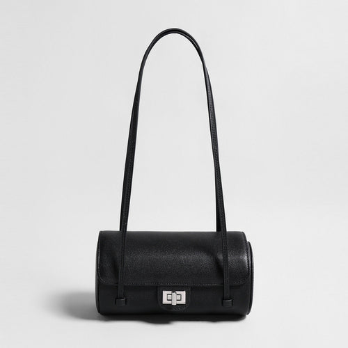 Pebbled Leather Cylinder Barrel Bag – Pillow Shoulder Purse with Turn-Lock