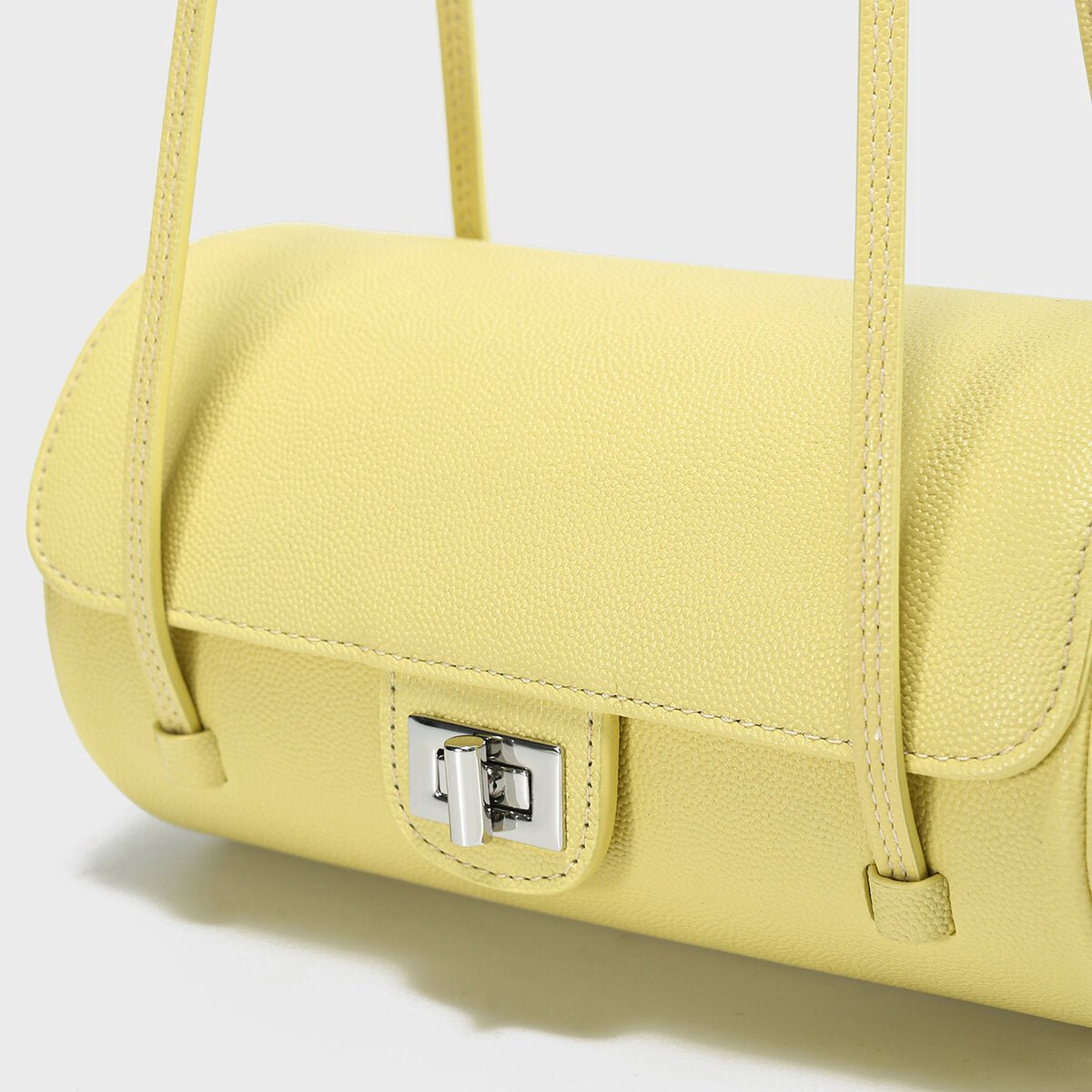 Pebbled Leather Cylinder Barrel Bag – Pillow Shoulder Purse with Turn-Lock