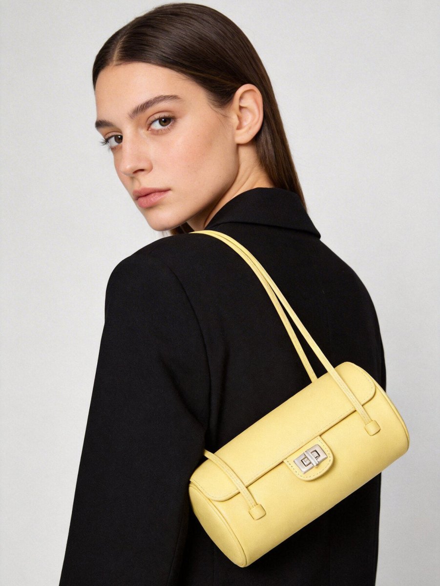 Pebbled Leather Cylinder Barrel Bag – Pillow Shoulder Purse with Turn-Lock