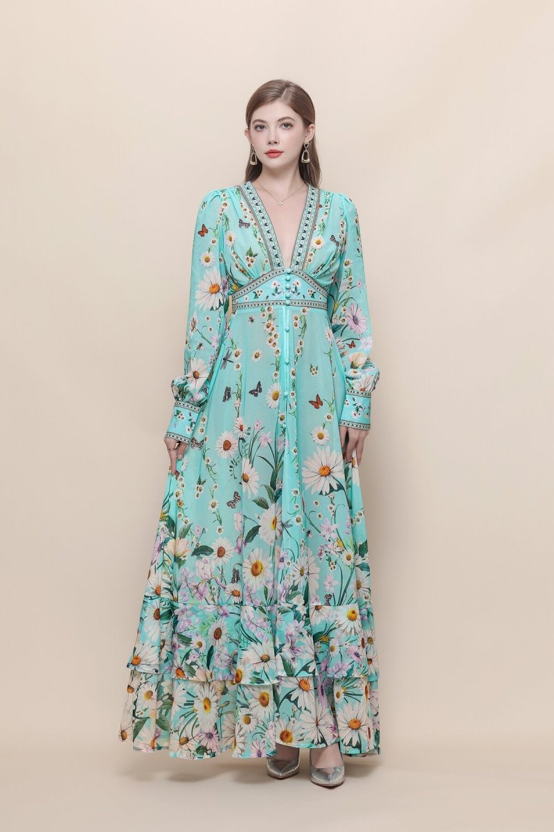 Daisy Butterfly Deep V-Neck Ruffle Maxi Dress
