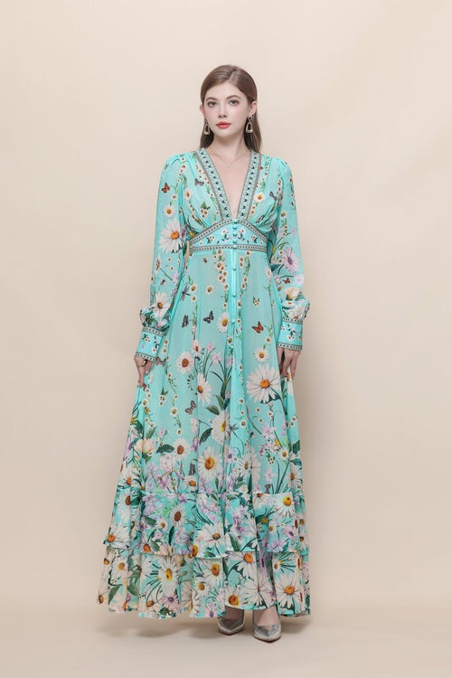 Daisy Butterfly Deep V-Neck Ruffle Maxi Dress