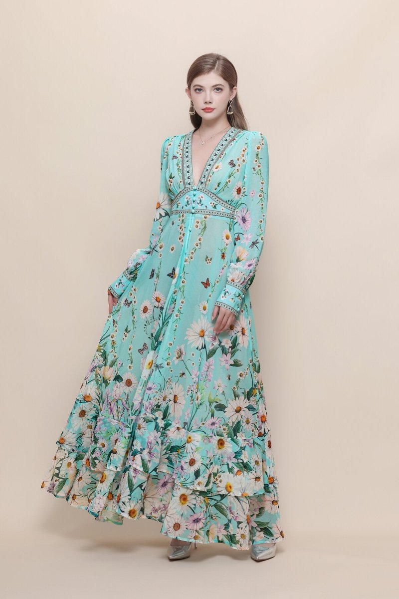 Daisy Butterfly Deep V-Neck Ruffle Maxi Dress