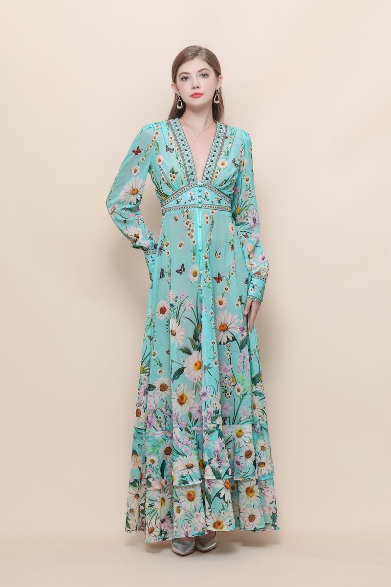 Daisy Butterfly Deep V-Neck Ruffle Maxi Dress