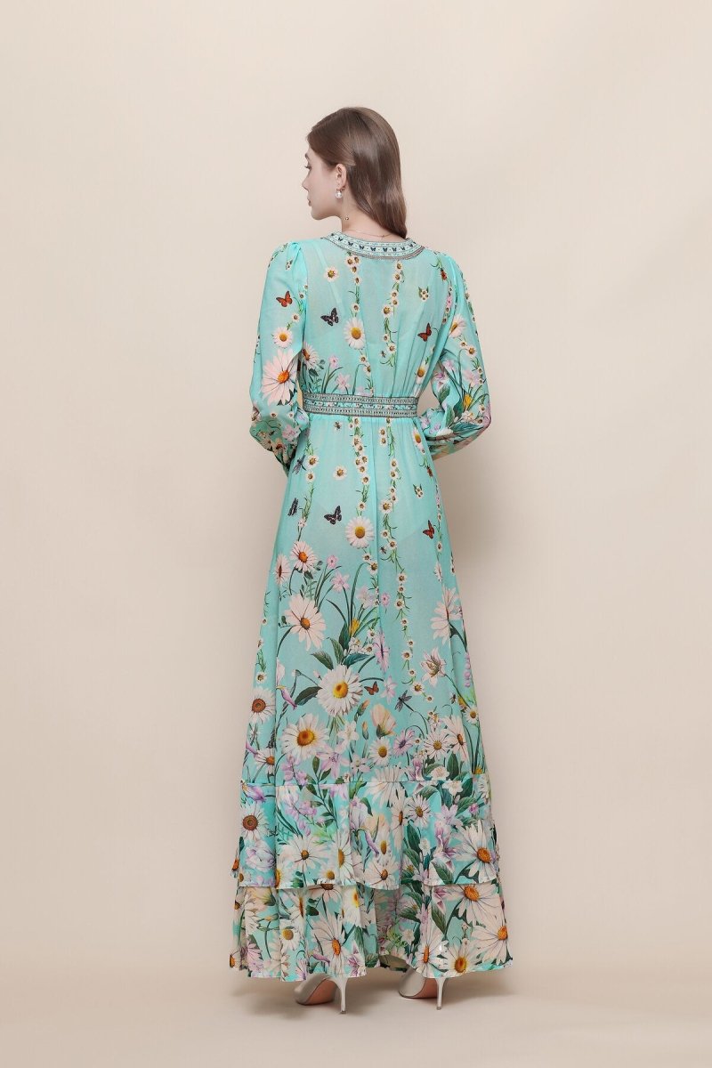 Daisy Butterfly Deep V-Neck Ruffle Maxi Dress