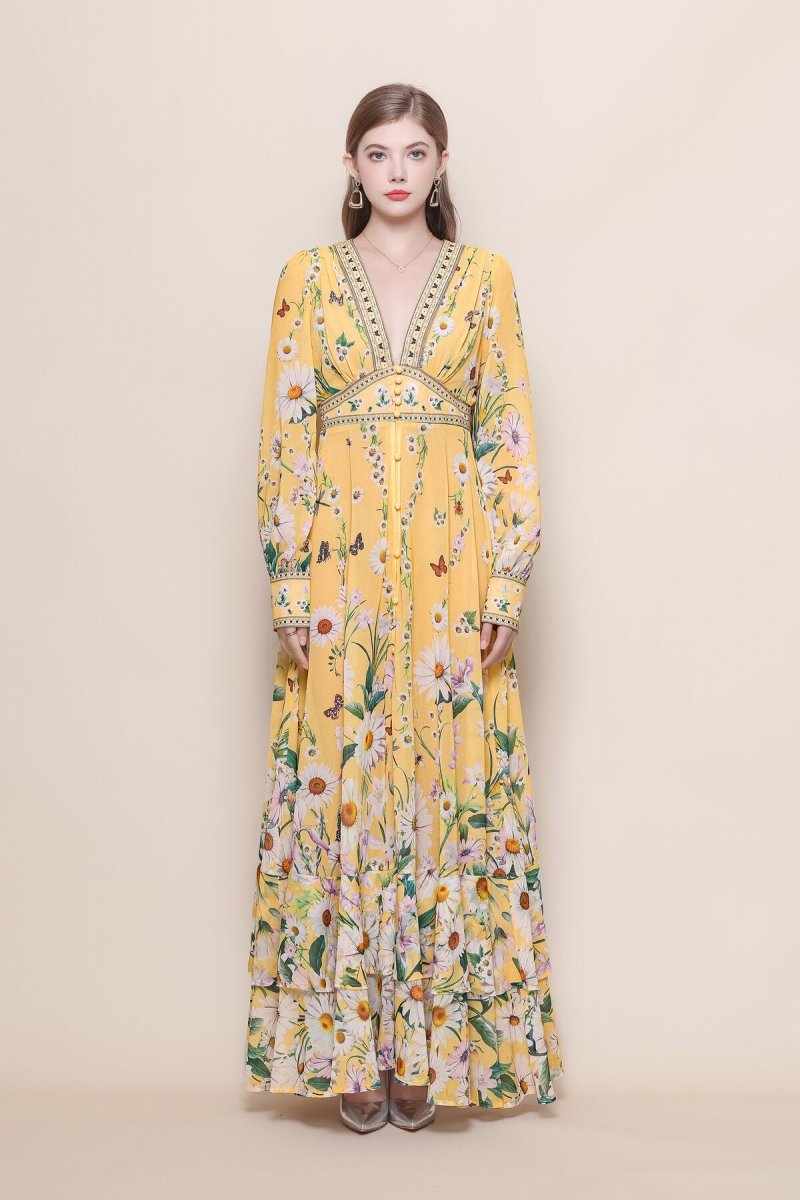 Daisy Butterfly Deep V-Neck Ruffle Maxi Dress