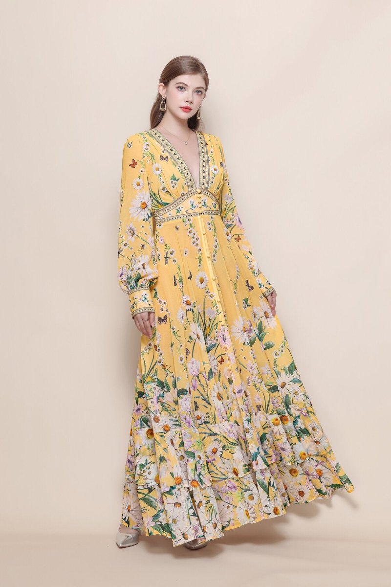 Daisy Butterfly Deep V-Neck Ruffle Maxi Dress