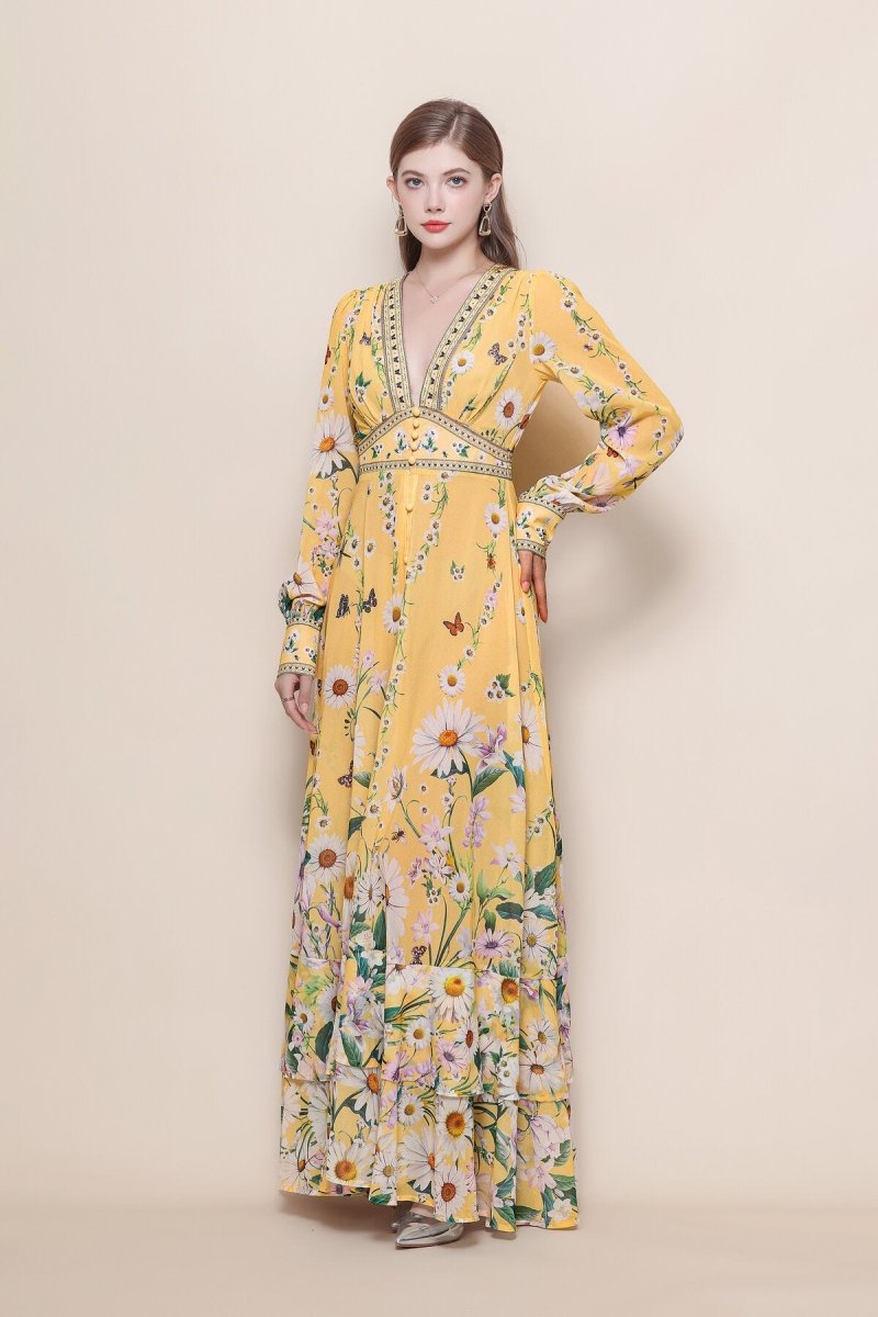 Daisy Butterfly Deep V-Neck Ruffle Maxi Dress