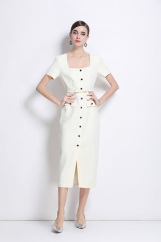 Daisy White Square Neck Short Sleeve Slim Fit Dress