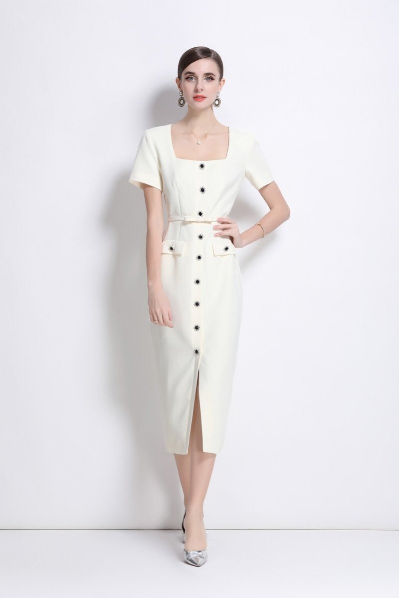 Daisy White Square Neck Short Sleeve Slim Fit Dress - 0cm