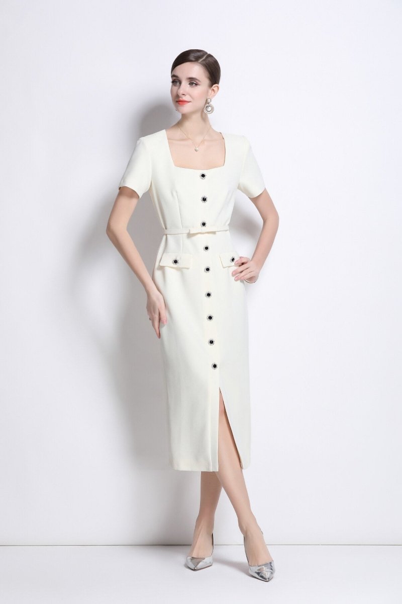 Daisy White Square Neck Short Sleeve Slim Fit Dress - 0cm
