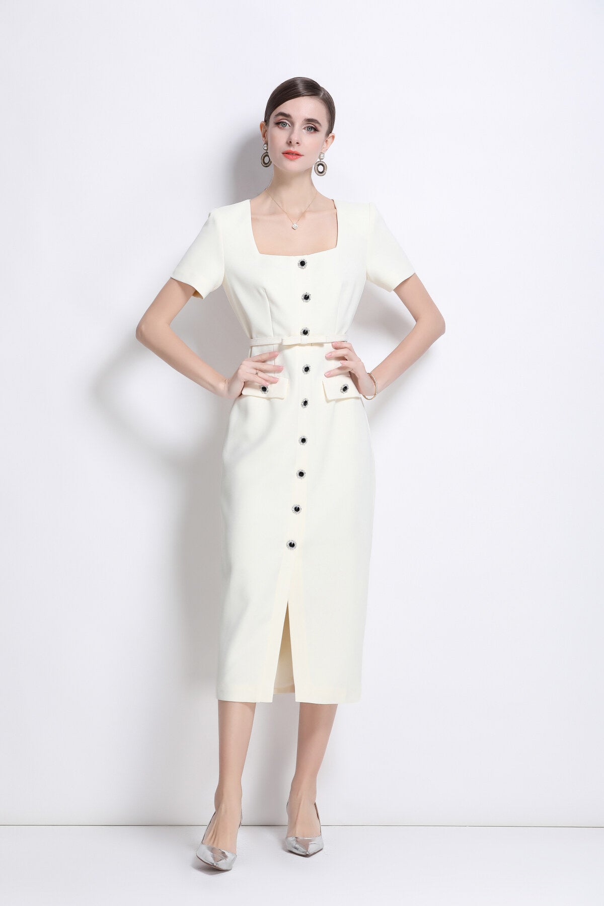 daisy white square neck short sleeve slim fit dress all white 1.JPG