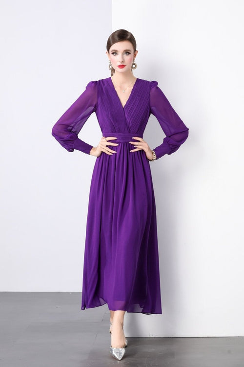 Deep Purple Long Sleeve V Neck Ruched Waist Maxi Dress - 0cm