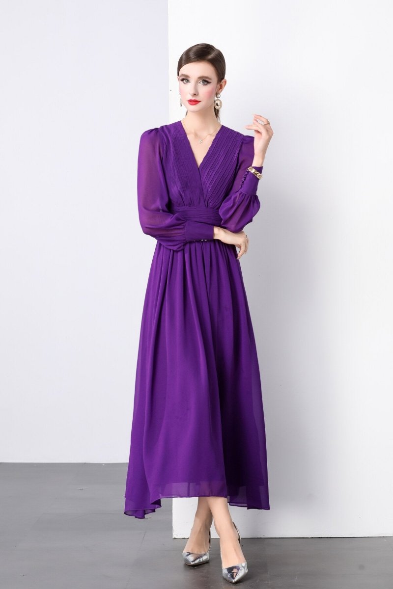 deep purple long sleeve v neck ruched waist maxi dress all purple 2