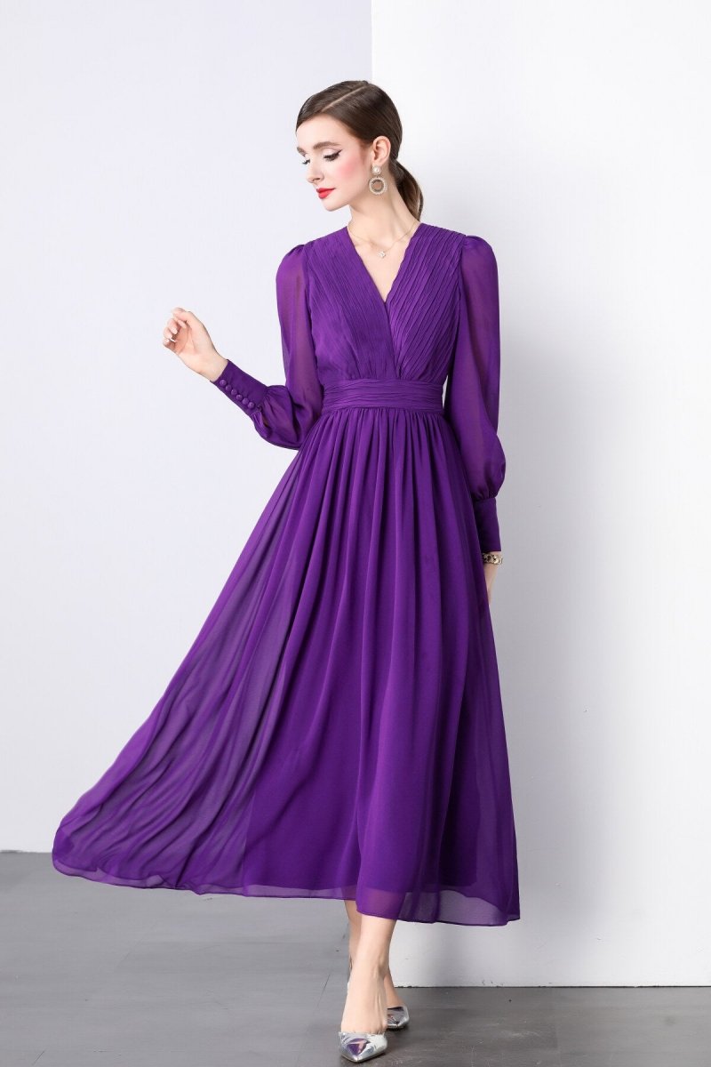 deep purple long sleeve v neck ruched waist maxi dress all purple 3