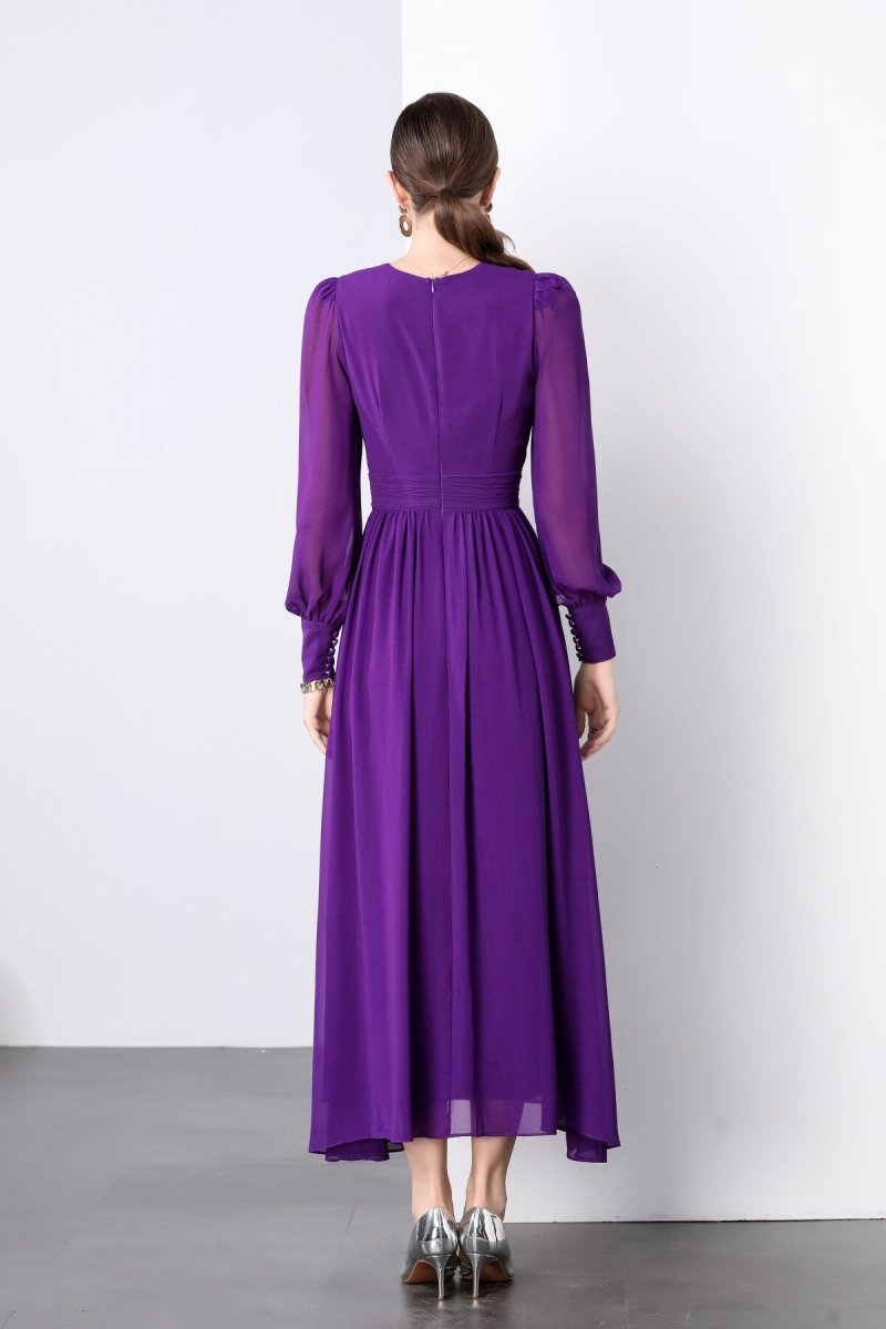 deep purple long sleeve v neck ruched waist maxi dress all purple 4