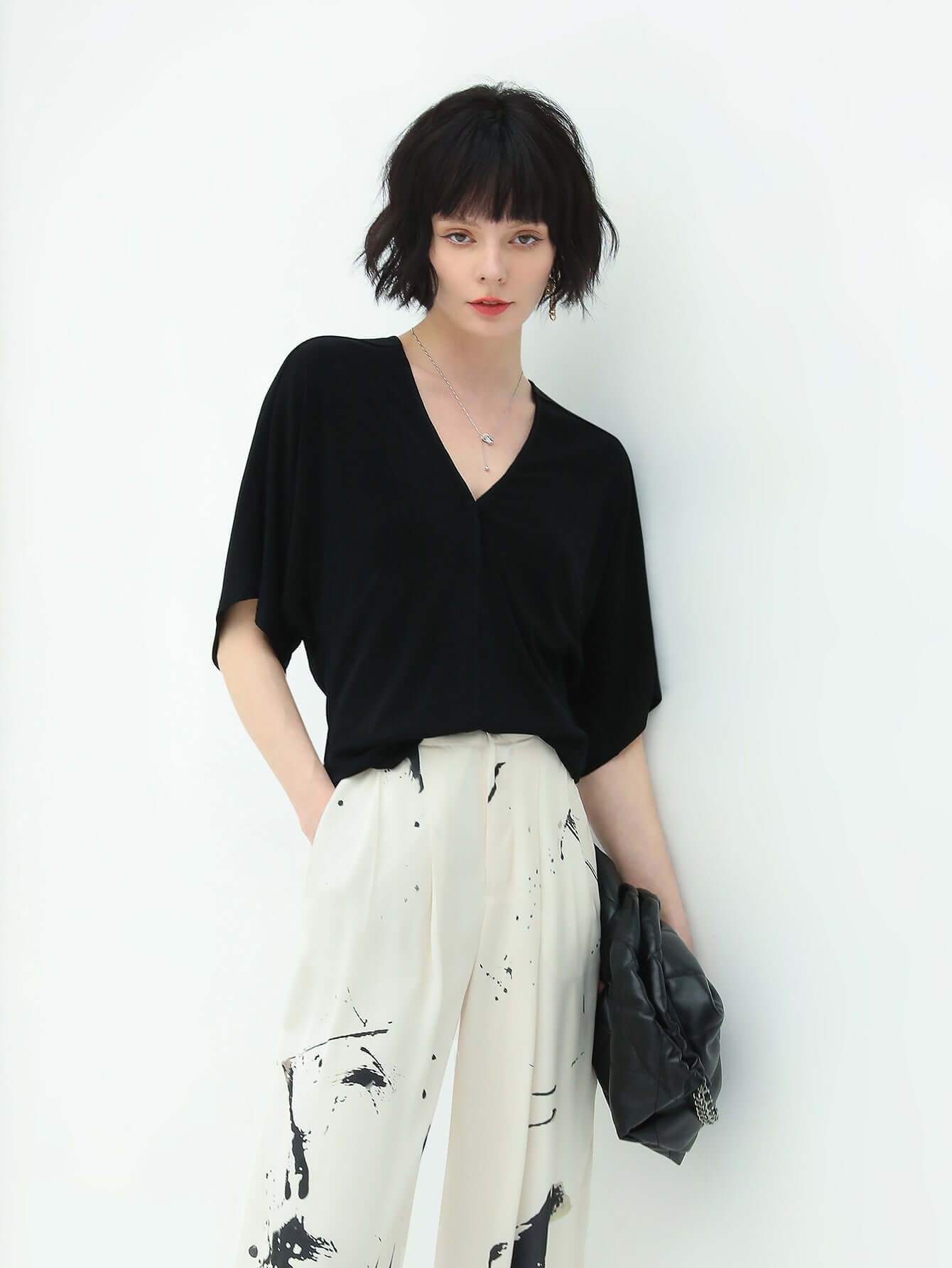 Deep V Neck Black Knit Top