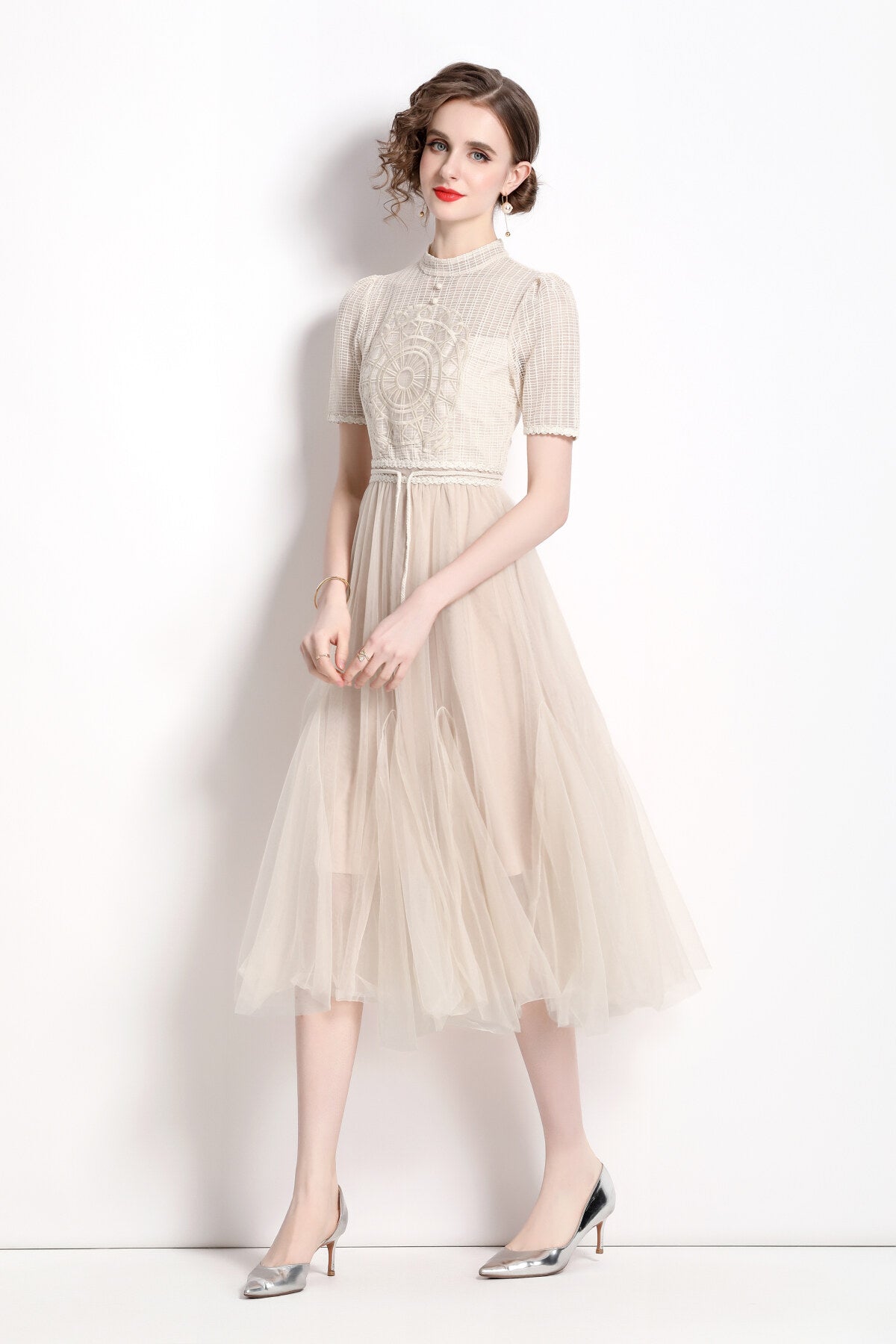 delicate mesh high waisted midi dress all ivory 2