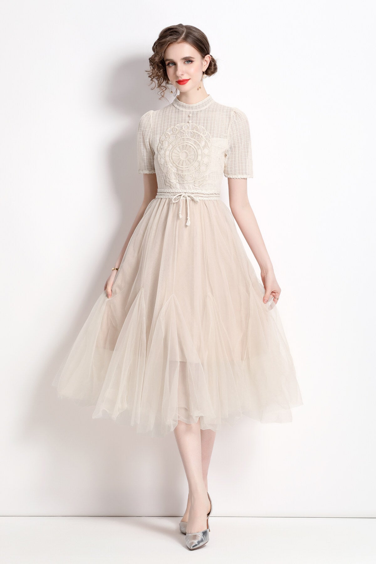 delicate mesh high waisted midi dress all ivory 3