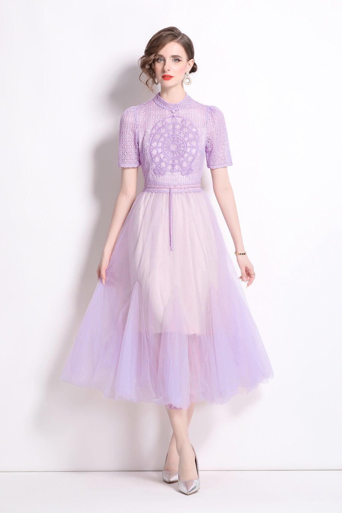 delicate mesh high waisted midi dress all lavender 1